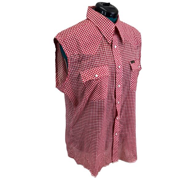 Vintage Wrangler Red Gingham Sleeveless Pearl Snap Western Shirt XL USA Made - Picture 6 of 16